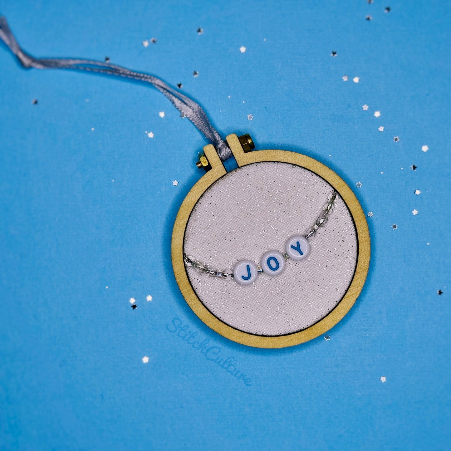 JOY / friendship bracelet bead Christmas ornament - blue & silver