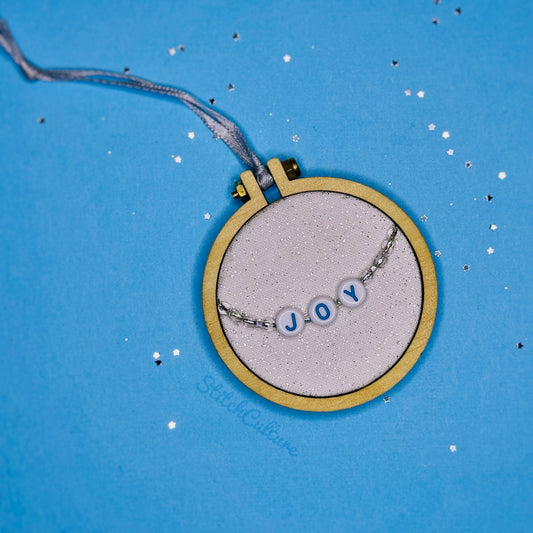 JOY / friendship bracelet bead Christmas ornament - blue & silver