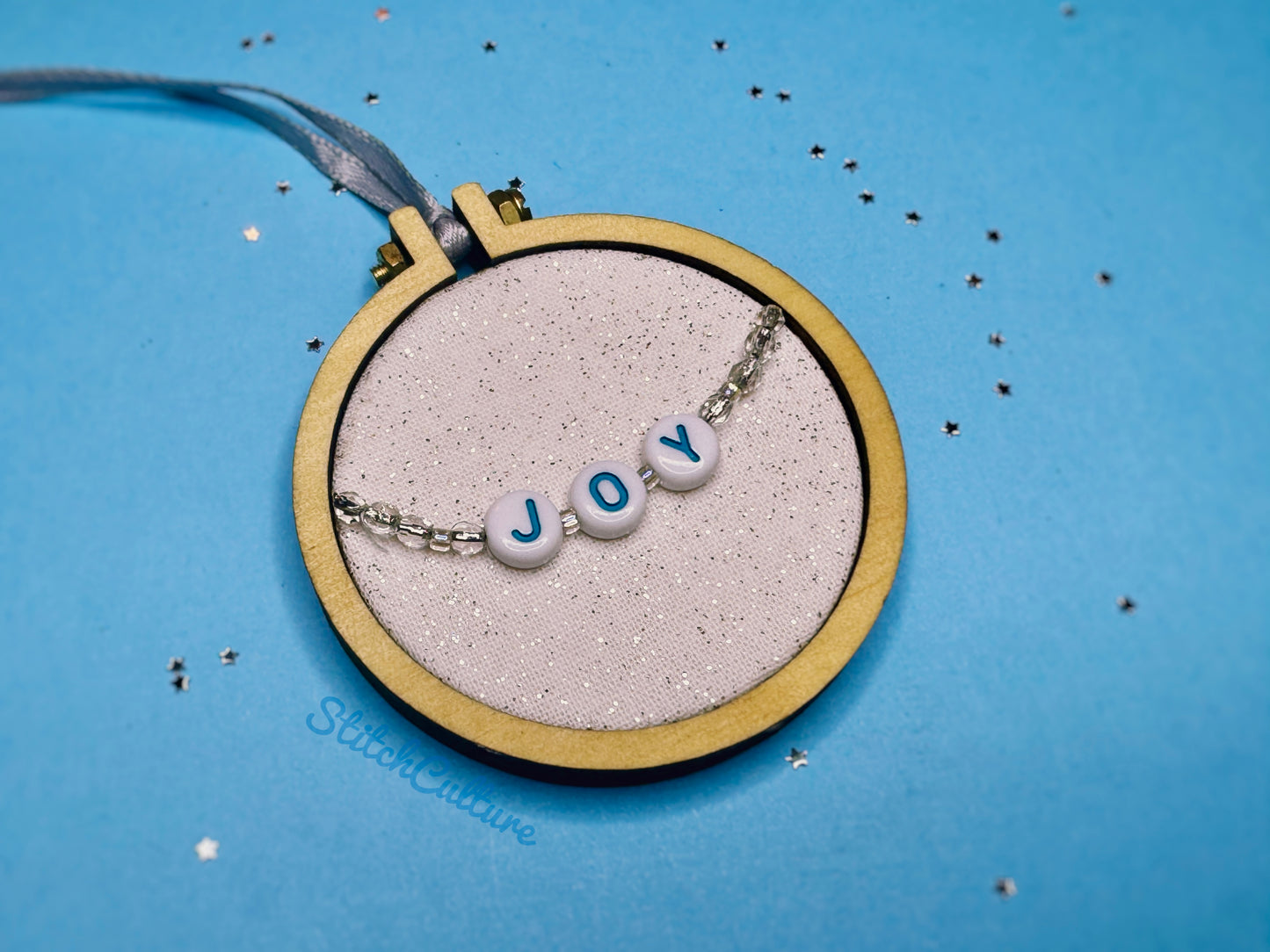 JOY / friendship bracelet bead Christmas ornament - blue & silver